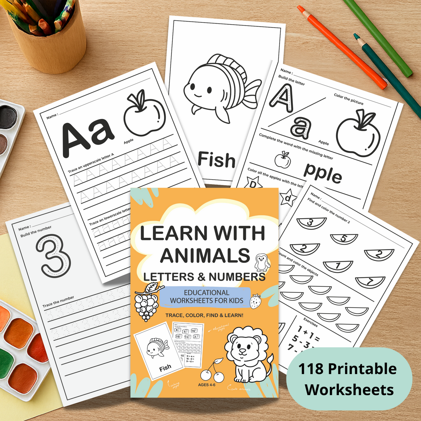 118 Printable Worksheets for Kids – Letters, Numbers & Animals Bundle