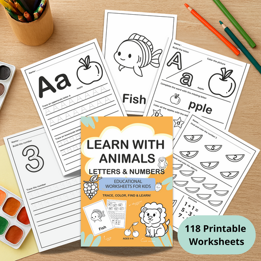 118 Printable Worksheets for Kids – Letters, Numbers & Animals Bundle